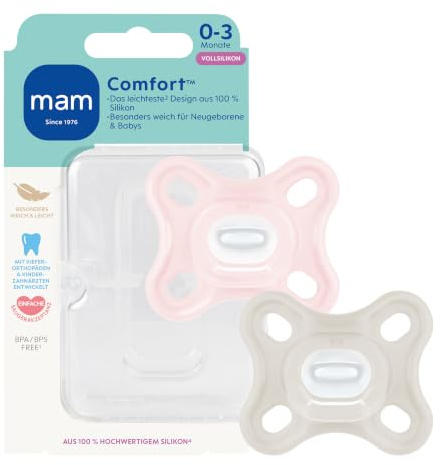 MAM Comfort Schnuller, 0-3 Monate, rosa/beige, 2 Stück | Leichtester seiner Kategorie, extra kleines Schilddesign, zahnfreundlicher Sauger, inkl. Sterilisier- & Transportbox
