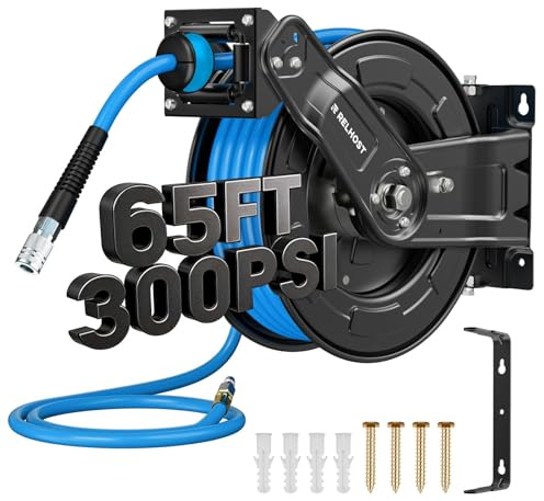 Relhost Retractable Air Hose Reel, 65 ft x 3/8 in Hybrid Air Hose Max 300PSI, Heavy Duty Air Compressor Hose Reel with Dual Arms, Auto Rewind, 180° Swivel Ceiling/Wall Mount for Garages, Workshops