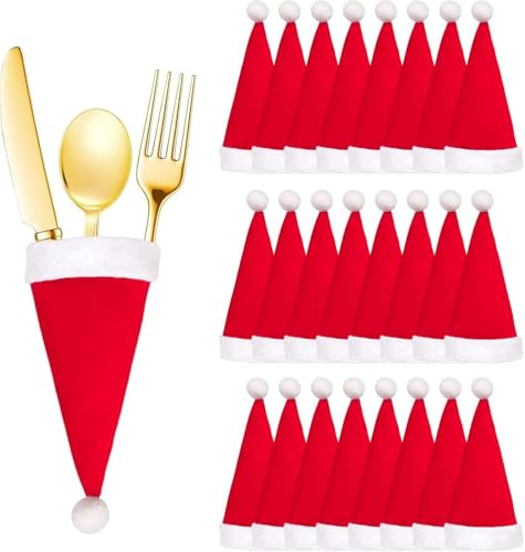 Weihnachtsmützen Besteckhalter Set 25-tlg | Rote Filzmützen 12x6cm für Bestecktaschen | Festliche Tischdekoration Weihnachten | Nikolausmützen Besteckbeutel | Weihnachtsdeko für Besteck & Flaschen
