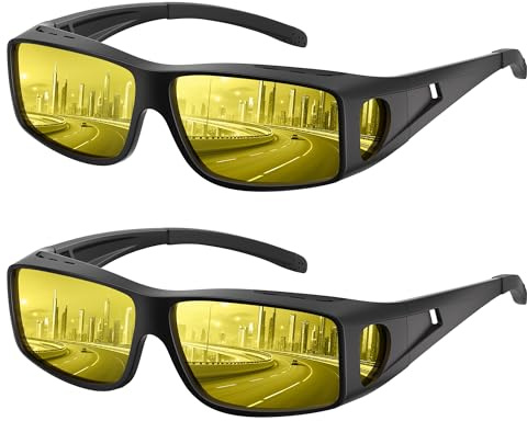 Fanshen Night Driving Glasses for Men Women, Fit Over Night Vision Glasses Anti Glare Polarized Lens with UV Protection(Matte Black Yellow * 2)