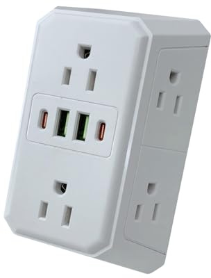 Prolunga per presa di corrente, Adattatore a muro con 6 prese, da viaggio compatta con porte USB per la casa, Estensione presa protetta da sovratensione, Hub di ricarica elettrica, Uso in viaggi