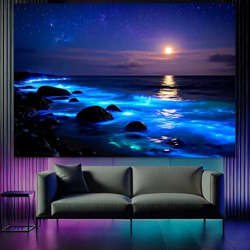 Arsey Schwarzlicht Wandteppich mit Meeresmotiv bei Nacht – Funkelnde Wellen, ein heller Mond und ein glitzernder Sternenhimmel Wandbehang Stoff Aesthetic Wandtücher, 200 x 150cm