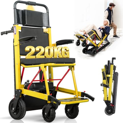 VOCIC Elektrischer Treppensteiger Rollstuhl Faltbar 220KG Lange Gummikette | AY04, 3 in 1 Elektrische Treppenhilfe Rollstühle, Treppenlift mit LED Licht für Behinderte Senioren, Gelb