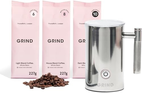 Grind Coffee Station Bundle – 3x 227g of House/Dark/Light Whole Bean Pack with 3-in-1 Milk Frother – 100% Arabica – Specialty Grade – Save 12%
