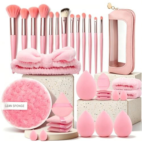 Juego de Pinceles de Maquillaje 33 Piezas, Kit Profesional Completo con Pincel de Base, Contorno, Esponjas, Diademas, Incluye Estuche para Uso Diario y Viajes - Rosa