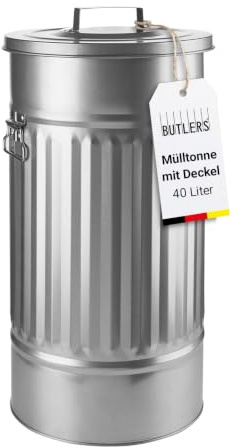 BUTLERS ZINC Mülltonne Oskar, Retro Mülleimer mit Deckel, 40 Liter, Metall