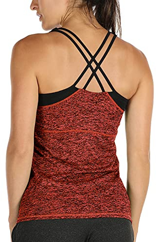 icyzone Damer 2 i 1 sport yoga toppar med bh – gymskjortor fitness träning linne, Bränt öra, M