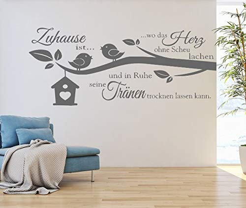 tjapalo® dgr-tk22 Wandtattoo Zuhause ist Wandspruch Wohnzimmer Flur Diele Wandsticker Familie Vögel auf Ast - viele Farben zur Auswahl, Größe: B140xH58cm