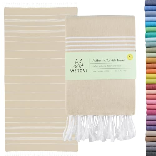WETCAT Toalla de Playa turca de Gran tamaño, 38 x 71 Pulgadas, 100% algodón, sin Arena, Secado rápido, Extra Grande, Ligera, Toalla de Viaje para Adultos, Accesorios de Playa, Regalos, Color Beige