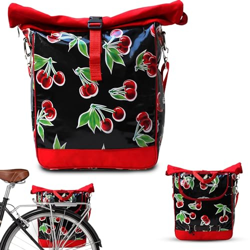 IKURI Fahrradtasche für Gepäckträger Satteltasche Einzeltasche Packtasche, abnehmbar, mit Tragegurt zum Umhängen, aus Wachstuch, Unisex, Wasserdicht - Modell Cerezas schwarz