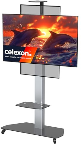 celexon Pro Displayständer/Rollwagen Portrait | 32-70 | verstellbar 54cm | Ideal für Videokonferenzen, mit Kameraaufnahme, Glasablage und Kabelmanagement, sicher für Displays bis 70 kg