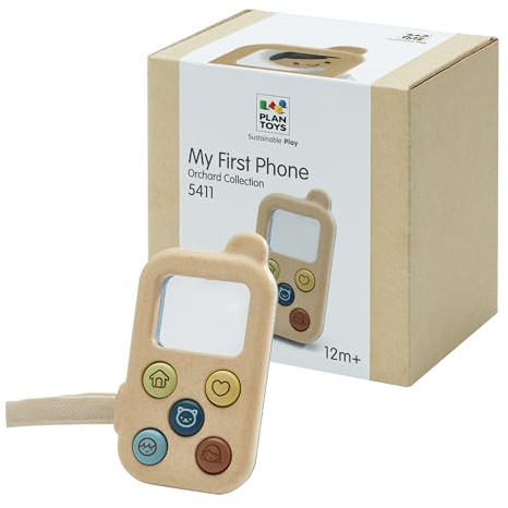 PlanToys Mein erstes Handy - Kinder Handy aus Holz - Kindertelefon mit Lupenbildschirm - Spielhandy mit Handschlaufe - Baby Handy - Orchard Collection