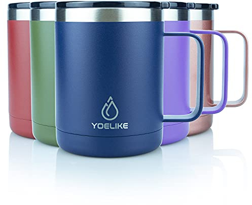 yoelike Rostfritt stål kaffe resemugg med handtag och lock, 410 ml vakuumisolerad mugg, läckagesäker, pulverlackerad, termos camping kaffekopp för te varma kalla drycker kontor utomhus marinblå