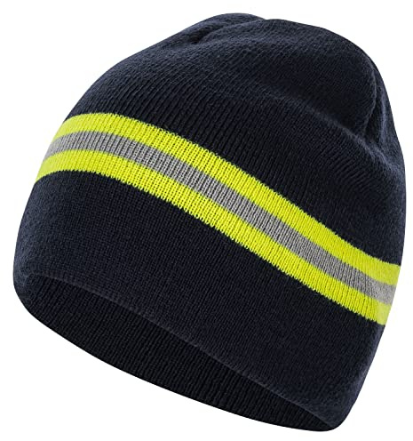 PACOTEX Helden Beanie Mütze Marineblau mit gelb-Silber-gelb Feuerwehr Optik Wintermütze