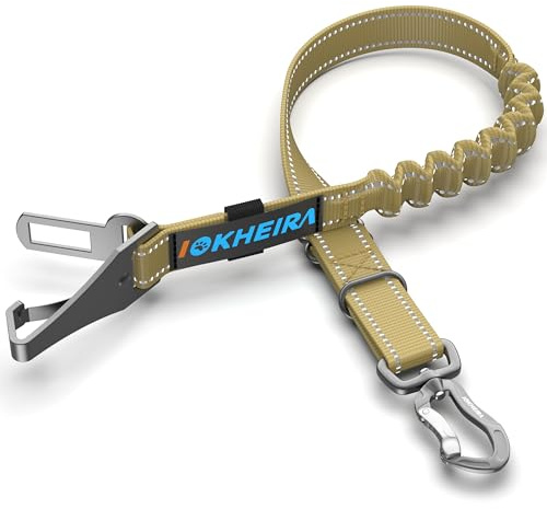 IOKHEIRA Hundsätesbälte, 4-i-1 Justerbar Hundbil Säkerhetssele med Anti-stöt Elastisk Bungebuffert, Hundstolsföring med Klämma, Bältesspänne och Vridbar Karbinhake