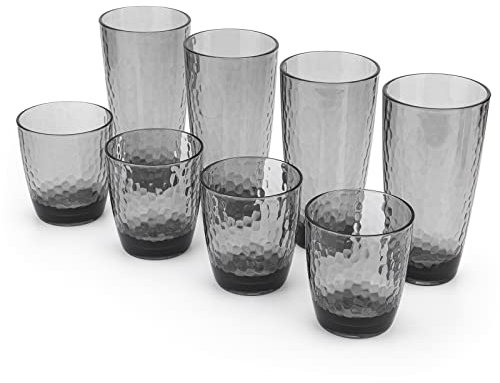 KOXIN-KARLU Hammered 15-ounce and 26-ounce Plastic Tumbler Acrylic Glasses, set of 8 Smoky Grey