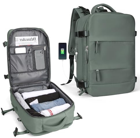 SZLX Großer Reiserucksack Damen, Handgepäck Rucksack,Wanderrucksack Wasserdichter Outdoor-Sportrucksack Lässiger Tagesrucksack Schultasche Fit 14 Zoll Laptop mit Schuhfach und Laptopfach,Olivgrün