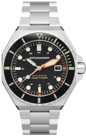 Spinnaker Dumas Herren-Armbanduhr, japanisch, Automatik, 44 mm, schwarzes Zifferblatt mit orangefarbener Mischung aus Edelstahl SP-5081-FF, Orange/Abendrot im Zickzackmuster (Sunset Chevron),