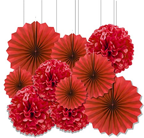 Vsosfiza Papier Dekoration Rot - Hängender Pompons und Fächer für Hochzeit, Geburtstag, Party (10 Stück)