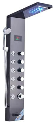 LED Lumière Panneau De Douche Robinet Cascade Pluie Pommeau De Douche SPA Jets De Massage Colonne De Douche Tour Affichage Numérique De La Température De L'eau,Noir 8007