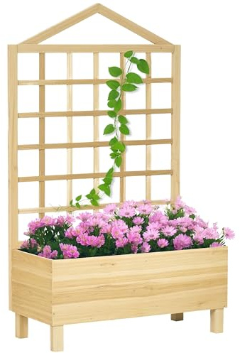 Outsunny Wooden Planters with Trellis for Vine Climbing, Raised Beds for Garden Patio, Outdoor Planter Box for Vegetables, Flowers, Herbs, 90 x 43 x 150 cm, Distressed Natural Tone