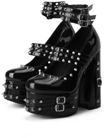 Frankie Hsu Goth Chunky Platform High Heeled Pumps Ankle Bootie, Black Patent Strappy Rivets Punk Gothic Y2K Hot Girl Boot, Big Large Size Shoes For Women Men