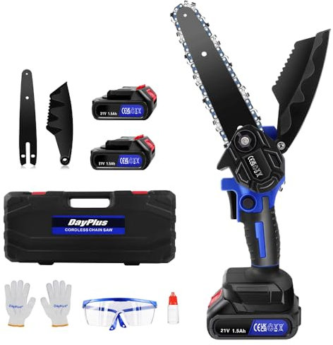 Mini Motosega a Batteria, 6 Pollici, Motosega a Batteria per Potatura con 2 Batterie e 2 Catene di Ricambio, Sega Motosega Elettrica a Batteria Portatile con Motori Brushless, BLU