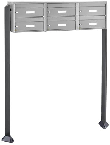 Banjado® Burg Wächter Briefkasten mit Standfuß/Briefkasten 6 Parteien/Standbriefkasten Edelstahl/Standbriefkasten freistehend/Freistehender Briefkasten mit Namensschild