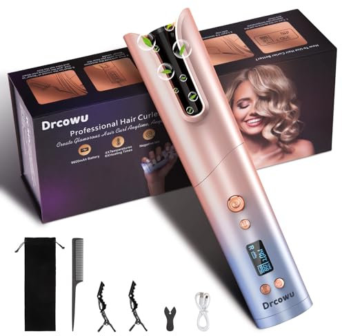 Drcowu Rizador de pelo automático, inalámbrico automático, rizador de pelo inalámbrico, rizos grandes con batería de 9600 mAh, 4 temperaturas y 6 ajustes de tiempo, pantalla LCD, calentamiento rápido