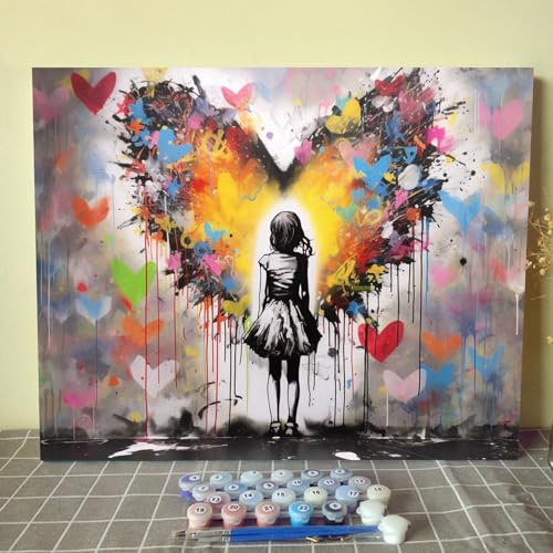 The Girl Looks at The Wall of Love Graffiti Banksy Street Art Ölgemälde nach Zahlen, Kritzelhintergrund, DIY-Digital-Malset für Erwachsene, Anfänger, Leinwand, Gemälde, Handwerk, 40,6 x 50,8 cm,