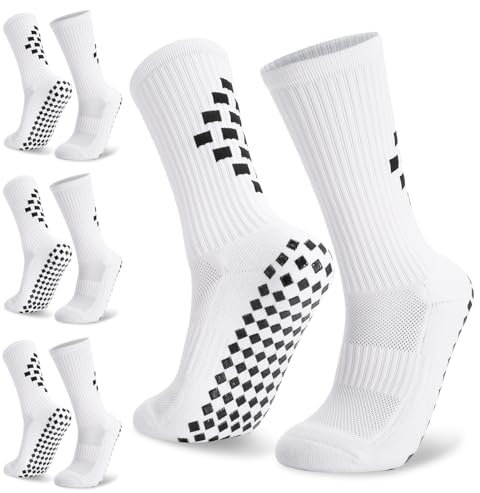 Zuimei 3 Pairs White Football Grip Socks for Men Anti-slip Sports Socks with Rubber Tape Grippy Socks for Soccer Basketball Running Yoga Hiking
