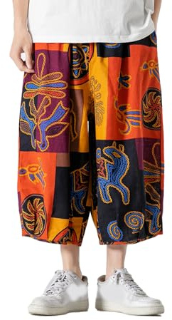 GURUNVANI Pantaloni da uomo a gamba larga con elastico in vita Harlem Capri pantaloni larghi pantaloni da spiaggia, 24k228arancione, L