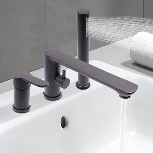 Badewannenarmatur Duscharmatur aus Kupfer mit 360° drehbare Wasseraustrittsdüse, 3 Loch Wannenrandarmatur Badarmatur mit Handbrause, Wannenbatterie Badewanne Wasserhahn Mischbatterie (Schwarz)