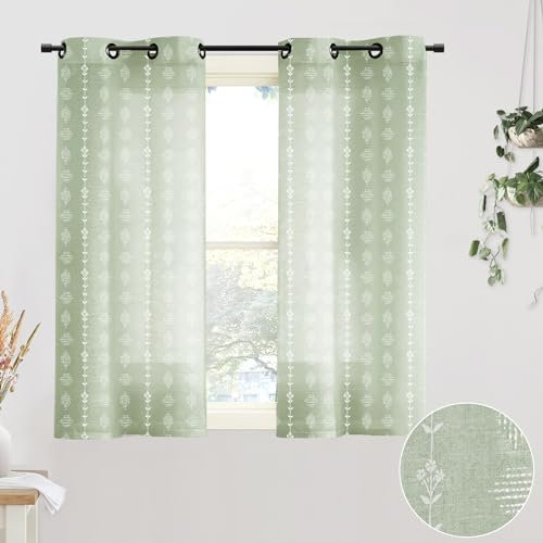 Badezimmer-Fenstervorhang, kurz, durchsichtig, Leinen, Boho-Blumenmuster, Salbeigrün, Küchenvorhänge, 114 cm Länge