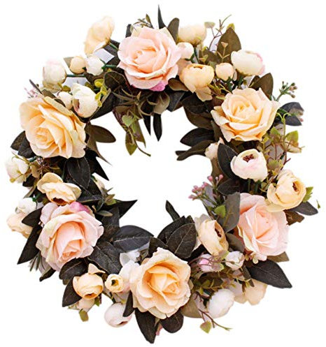 Girlande, künstliche Girlande, Girlandendekorationen, 35,6 cm großer künstlicher Pfingstrosen-Blumenkranz, rosa Blumen-Türkranz mit grünen Blättern, Frühlingskranz-Girlande for Hochzeit, Haustür-Wand-