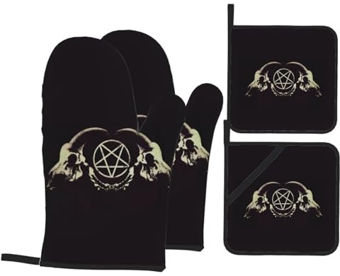 4 Stück Handschuh Set Wicca Okkultismus Pentagramm Dreifachmond Göttin Ofenhandschuh Waschbar Topfhandschuhe Extra Verdickte Grillhandschuhe Für Backen, Mikrowellenofen, Geschenke