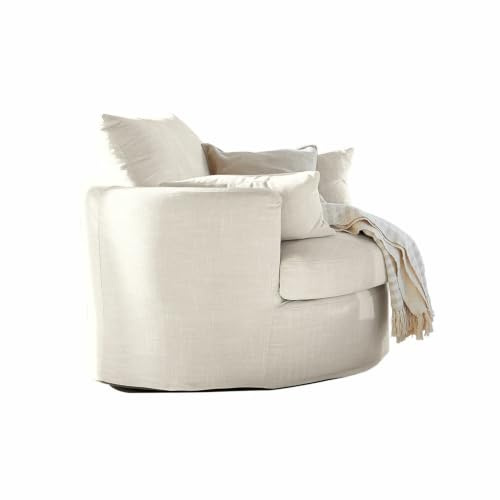 Loberon Dreh-Sessel, Creme | runde Form, seitliche Komfortkissen, robuste & Pflegeleichte Materialien, Sitzmöbel, Kiefernholz, Eisen, Polyester