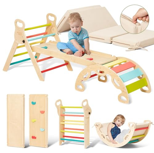 Giant bean Klettergerüst Indoor ab 1 Jahr 5-in-1 Montessori Kletterdreieck mit Kletterbogen und Rutsche, Kissen für Kletterbogen, Holzdreieck für Kleinkinder ab 1-3, Regenbogen mit Kissen, S