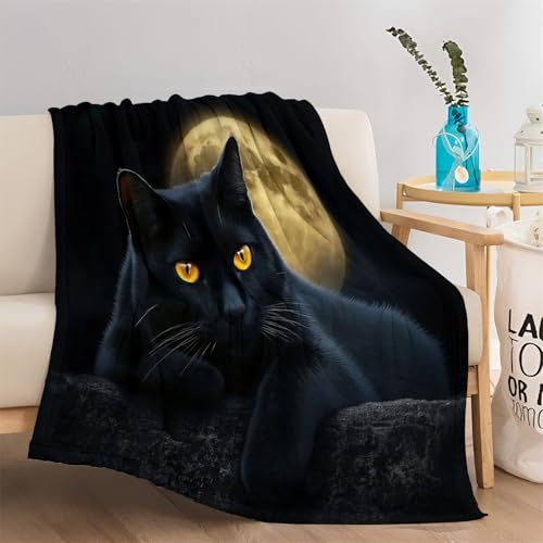 Decke mit Tier Katze Mond Muster weich gemütlich warm Decke Tiefes Schwarz für Bett Sofa Wohnzimmer Couch Dekor, Kuscheldecken Sanft Flanell Weich für Zuhause Schlafzimmer Büro 150 x 200 cm