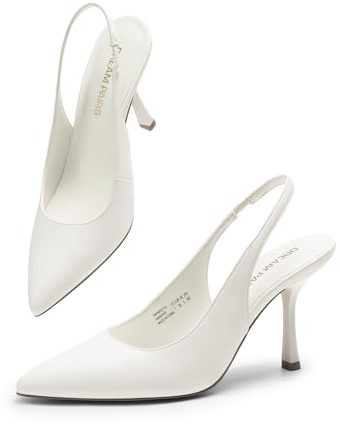 DREAM PAIRS Women's Heels Slingback Stiletto Pumps Shoes Pointed Closed Toe Kitten Heels Dress Bridal Elegant Wedding Sexy Party,Size 4.5,White-Pu,DWUMPU2510