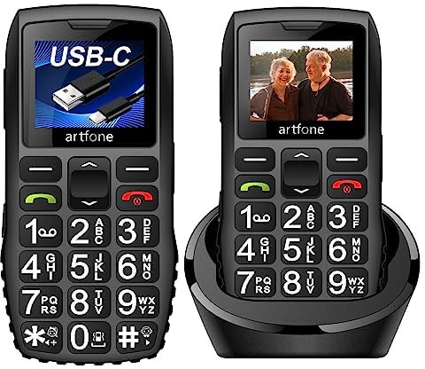 artfone C1+ Black - Big Button Mobile Phone for Elderly丨SIM Free Senior Mobile Phones with Charging Dock丨SOS Button丨Time Reporting丨Easy to Use Basic Mobile Phones丨Speed Dial丨FM丨Torch丨Bluetooth丨USB-C