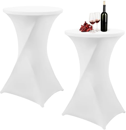 WANDGU Copritavolo elasticizzato con rinforzo: set da 2 tovaglie bianche per tavoli da bistrot, coperture per tavoli da Ø 80 cm + tasche per piedi quadrate, ideale per matrimoni, feste ed eventi