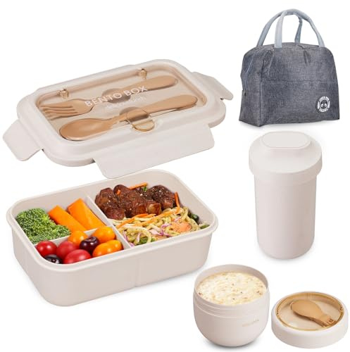 Osrioal Lunch Box Adults, Bento Box Set with Lunch Bag, Utensils, Water Cup, Oats Container, Leakproof Lunchbox for Students Men Women School Office Beige