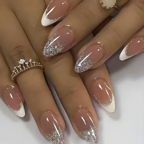 CharmBurst 24 Stück French Almond Press On Nails Weiß, Glänzende Kunstnägel Mit Glitzer Design, Aufklebbare Fingernägel Mittel, Künstliche Nägel Zum Aufkleben Fake Nägel