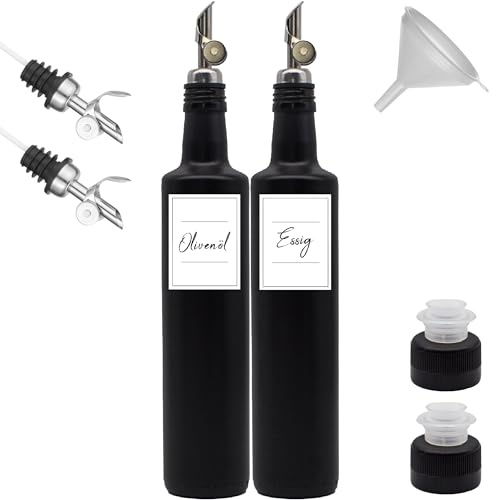 Ölflasche & Essigflasche aus Glas – Schwarz Matt – mit Free-Flow Ausgießer, Trichter, Deckel & Etiketten (2x500 ml)