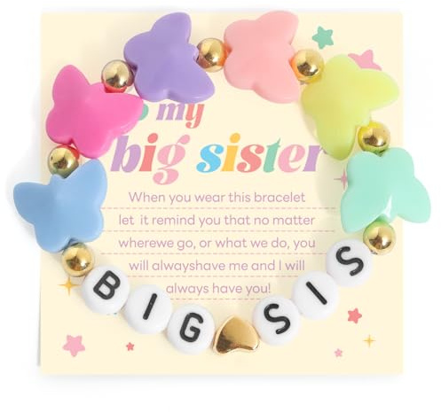 GlamRays Big Sister Bracelet avec pendentif cœur, ensemble de bracelet de perles élastiques et carte, empilable, bijou surfeur cadeau pour grande sœur