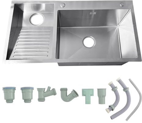 Waschbecken Mit Waschbrett, Edelstahl-Spülbecken, Leicht Zu Reinigendes Doppelwaschbecken, Handwaschstation Für Innen- Und Außenbereich Für Badezimmer(Silver-Left,100x48x22 cm)