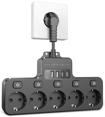 VIPWELL Multiprise Murale avec Interrupteur Multiprise avec USB C et USB A Chaque Prise commandée Individuellement 5 Prises avec câble d'extension 10CM pour Bureau à Domicile, Gaming, hôtel
