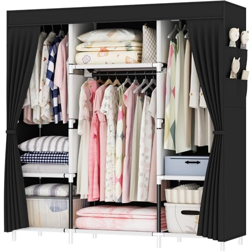 OPPAIYA Extra Large Canvas Wardrobe with 3 Hanging Rails, Portable Fabric Bedroom Wardrobes with 3 Compartments & 8 Side Pockets, Zippered Foldable Temporary Clothes Storage, Black, 175 x 150 x 45 cm