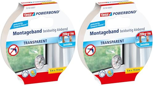 Tesa Powerbond TRANSPARENT - Nastro Biadesivo Trasparente - Resistente ai raggi UV, per fissaggio di oggetti in vetro e trasparenti - Regge fino a 2 kg per 10 cm - 5.0 m x 19 mm (Confezione da 2)